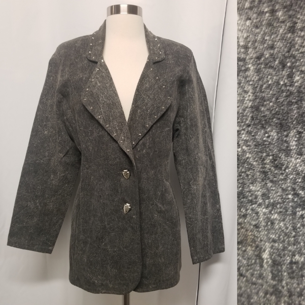 Vintage 70s Western Slate Wash Blazer Jean Jacket‎ Gypsy Boho Studded Arrow